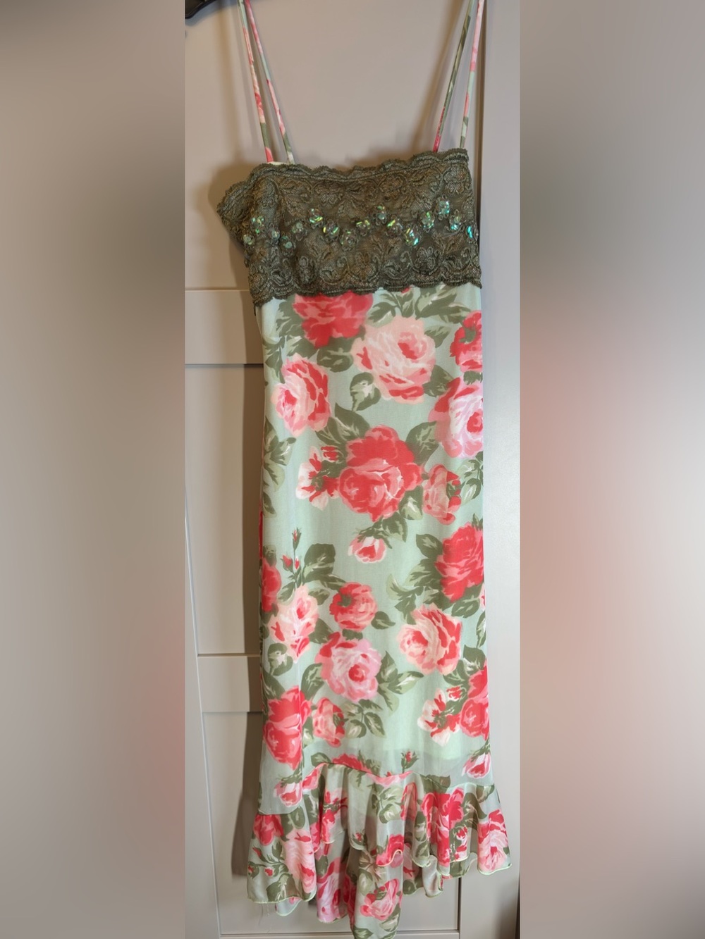 Vintage Mint Floral Maxi Dress with Olive Lace Bodice